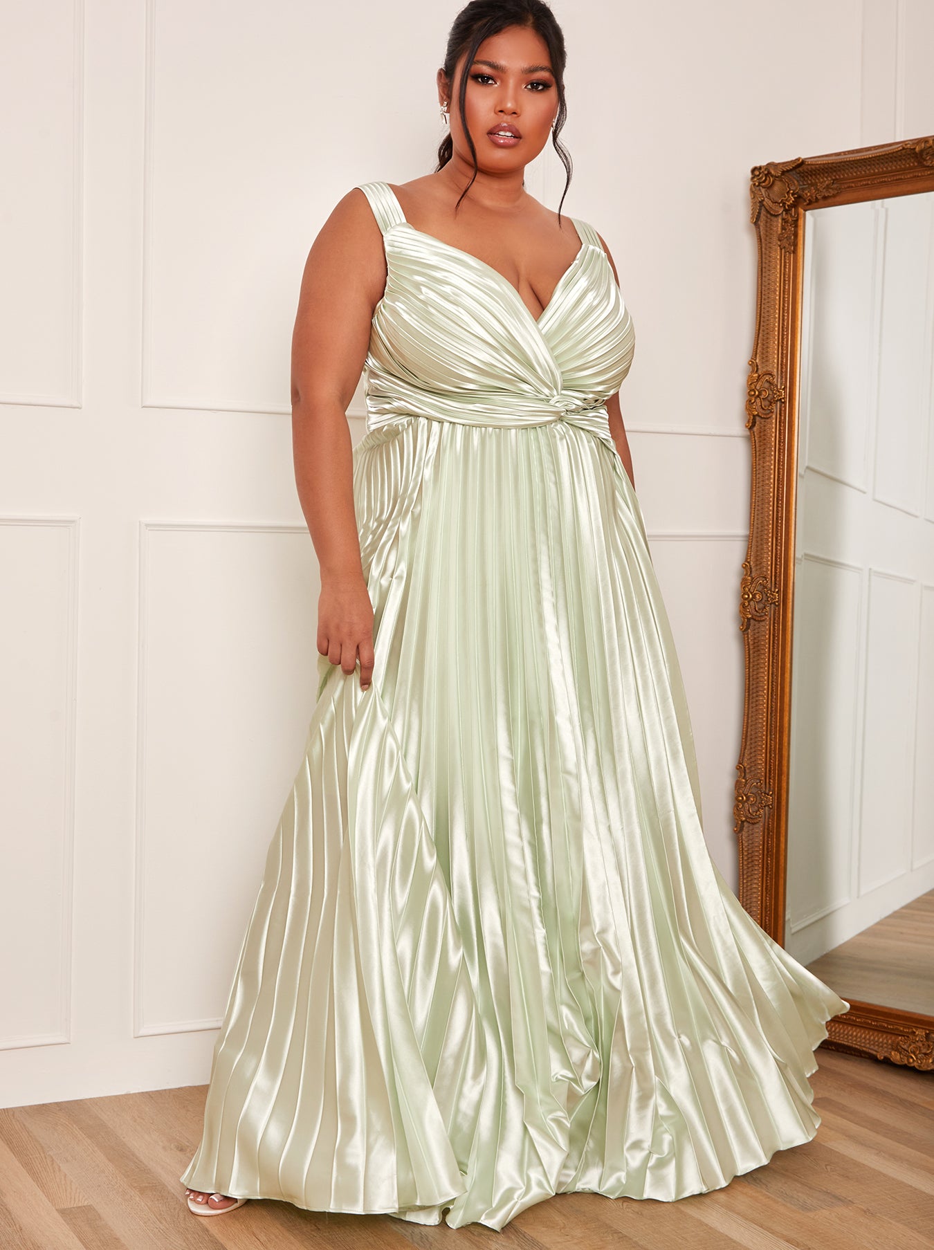 Chi Chi Plus Size Satin Cami Strap Pleated Maxi Dress in Mint, Size 18