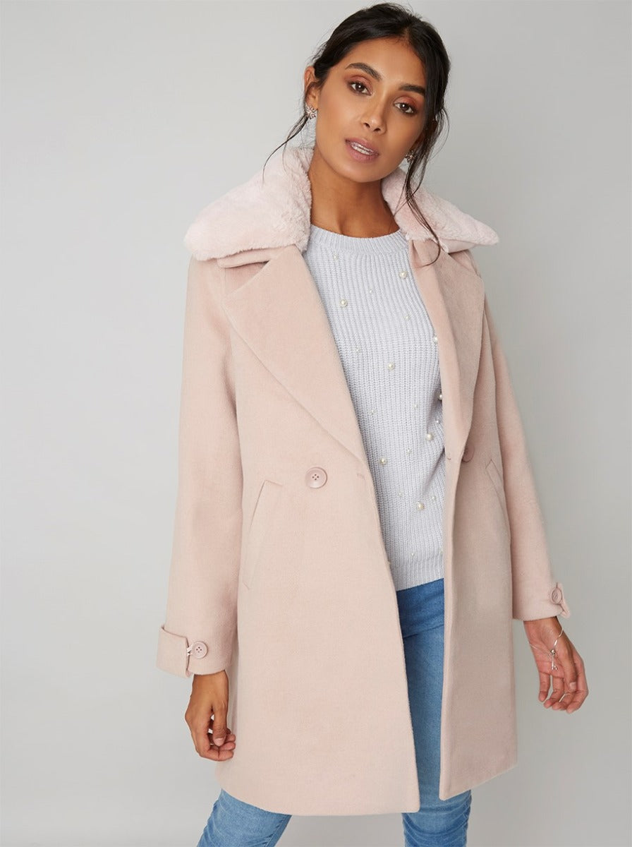 Faux Fur Collar Longline Coat in Pink – Chi Chi London