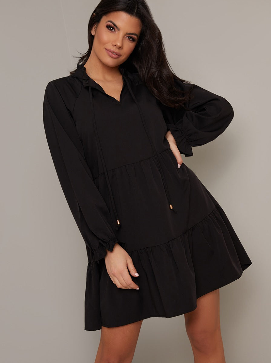 Tiered Smock Long Sleeved Casual Mini Dress in Black – ChiChiClothing