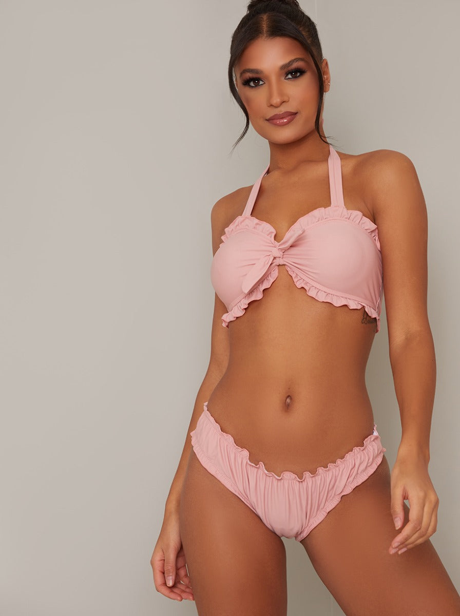 Chi Chi Low Rise Frill Detail Bikini Bottoms in Pink, Medium