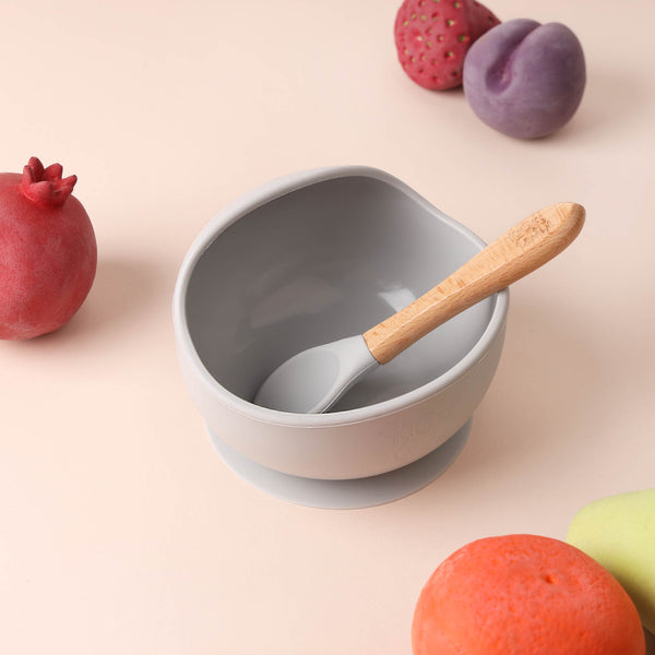 Silicone Suction Plate and Spoon Set grey