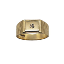 Load image into Gallery viewer, Vintage 9K gold square face signet ring with diamond starburst setting in centre and etched band sides