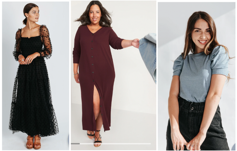 from left to right: black dress with sheer puffy sleeves, maroon smock dress with jean jacket, and aqua puffy sleeve tee with black jeans