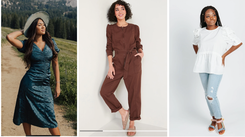 from left to write, teal ruched dress, maroon utility jumpsuit, white blouse and jeans