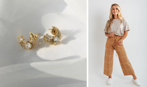 shimmery gold moon studs and caramel pants with cream top