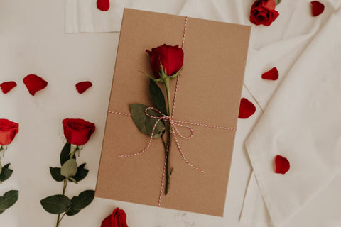 Mooie kaart met roos, cadeau met liefde gegeven