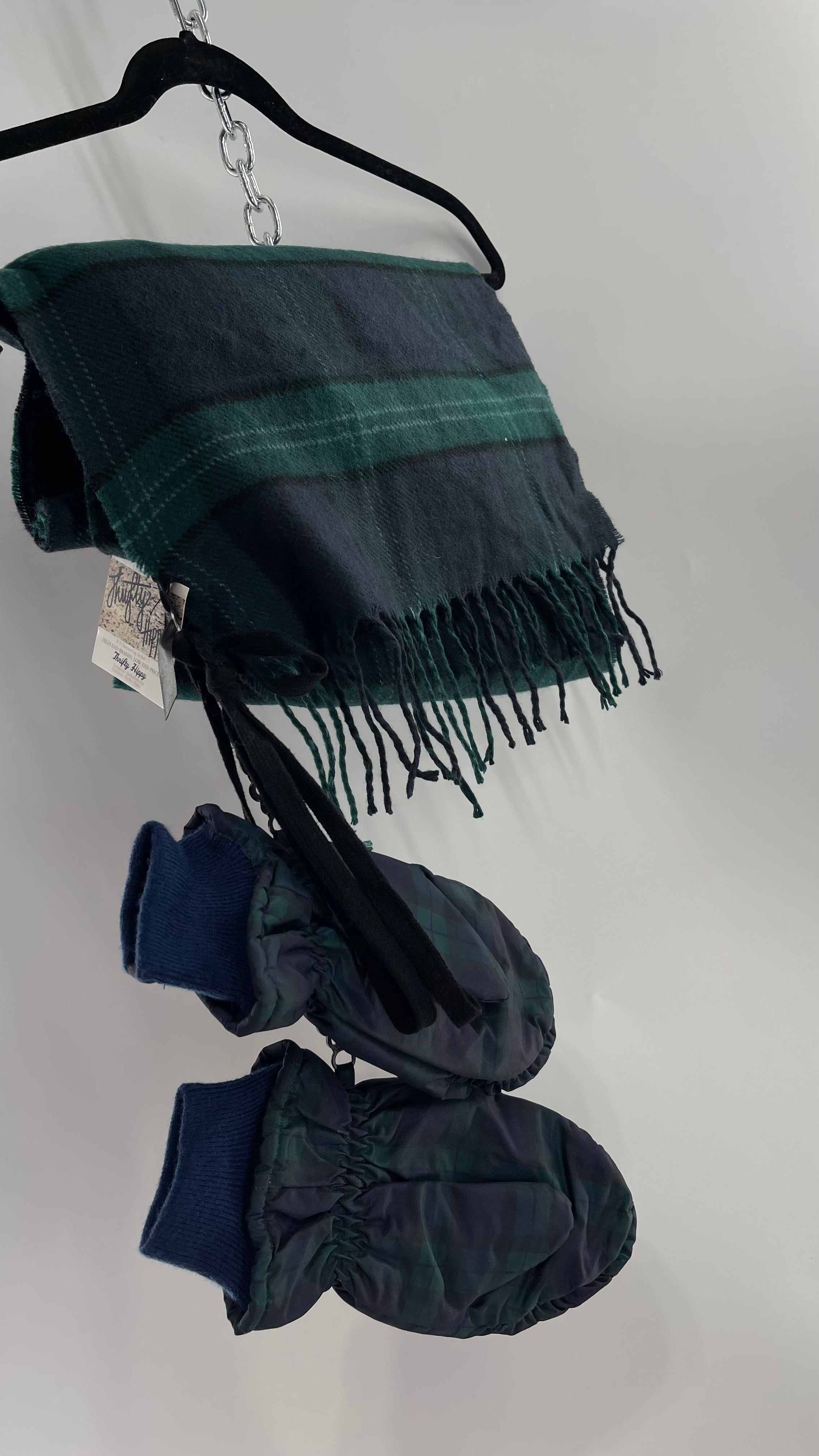 Urban Outfitters Plaid Navy Green Scarf and Matching Glove Set