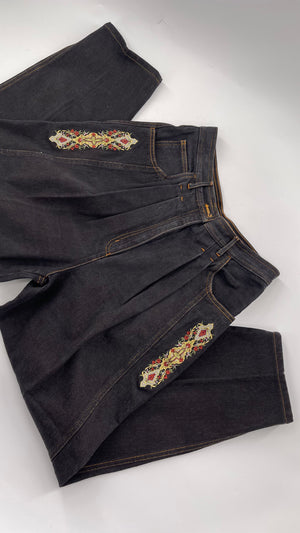 Vintage TOGETHER Basics Dark Gray 80s/90s Tapered, Pleated Waist Old School Embroidered Jeans (14) - The Thrifty Hippy