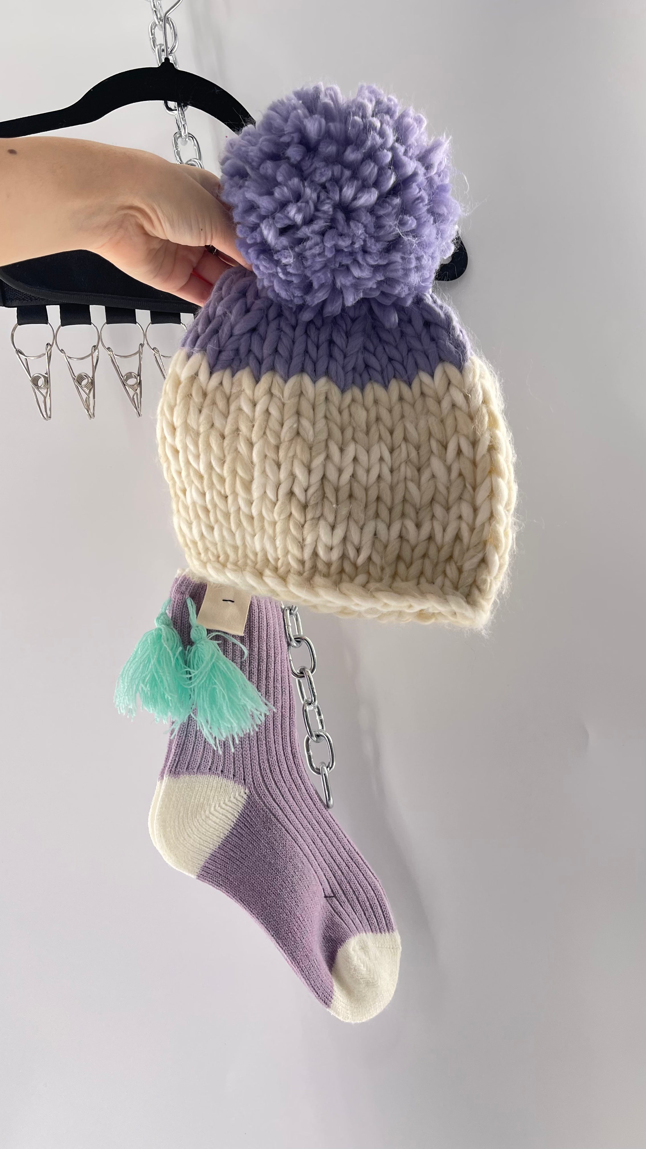 Free People Lavender Purple and White Knit Beanie and Sock Set