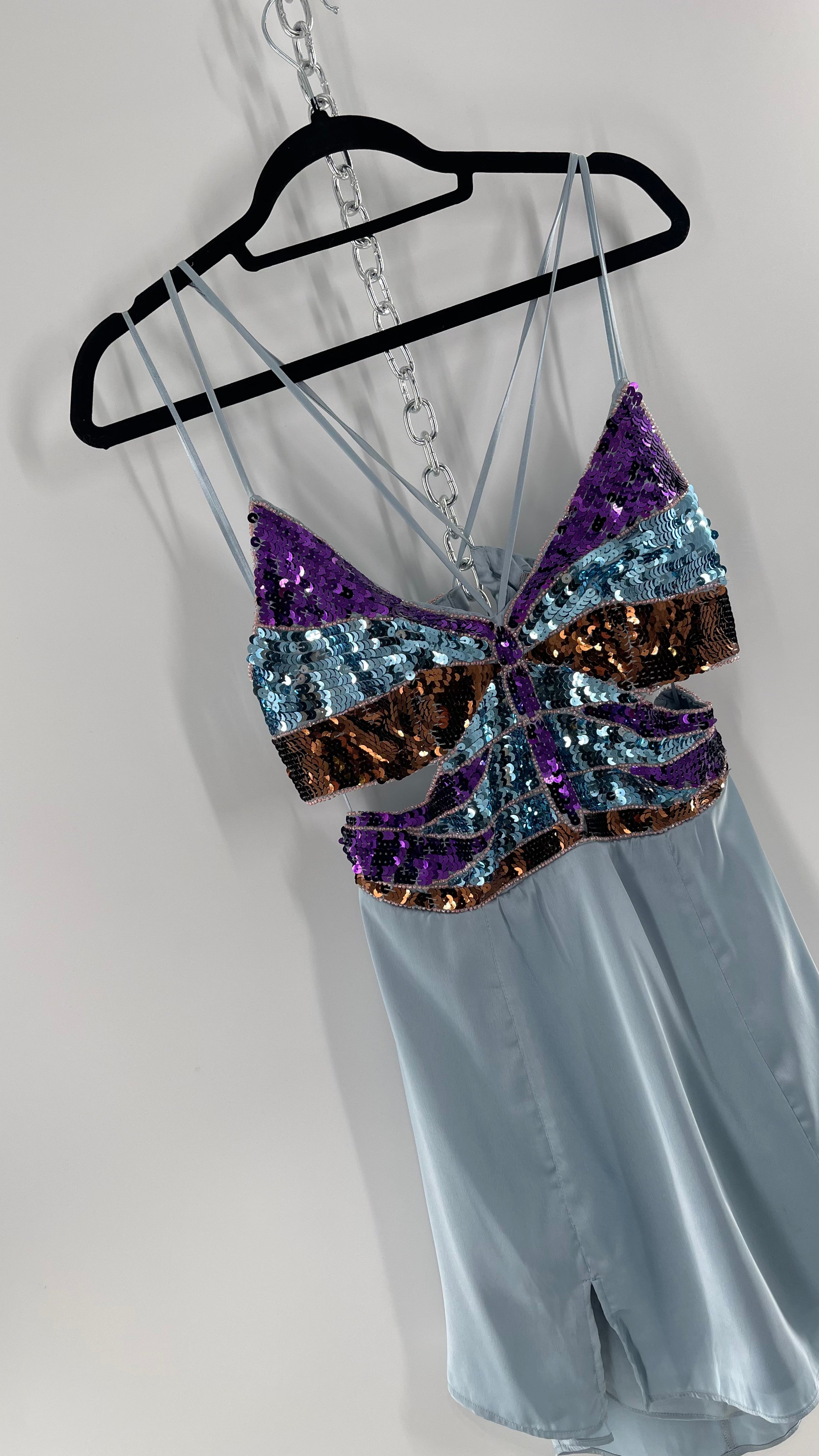 Urban Outfitters Light Blue Satin Butterfly Sequin Size L