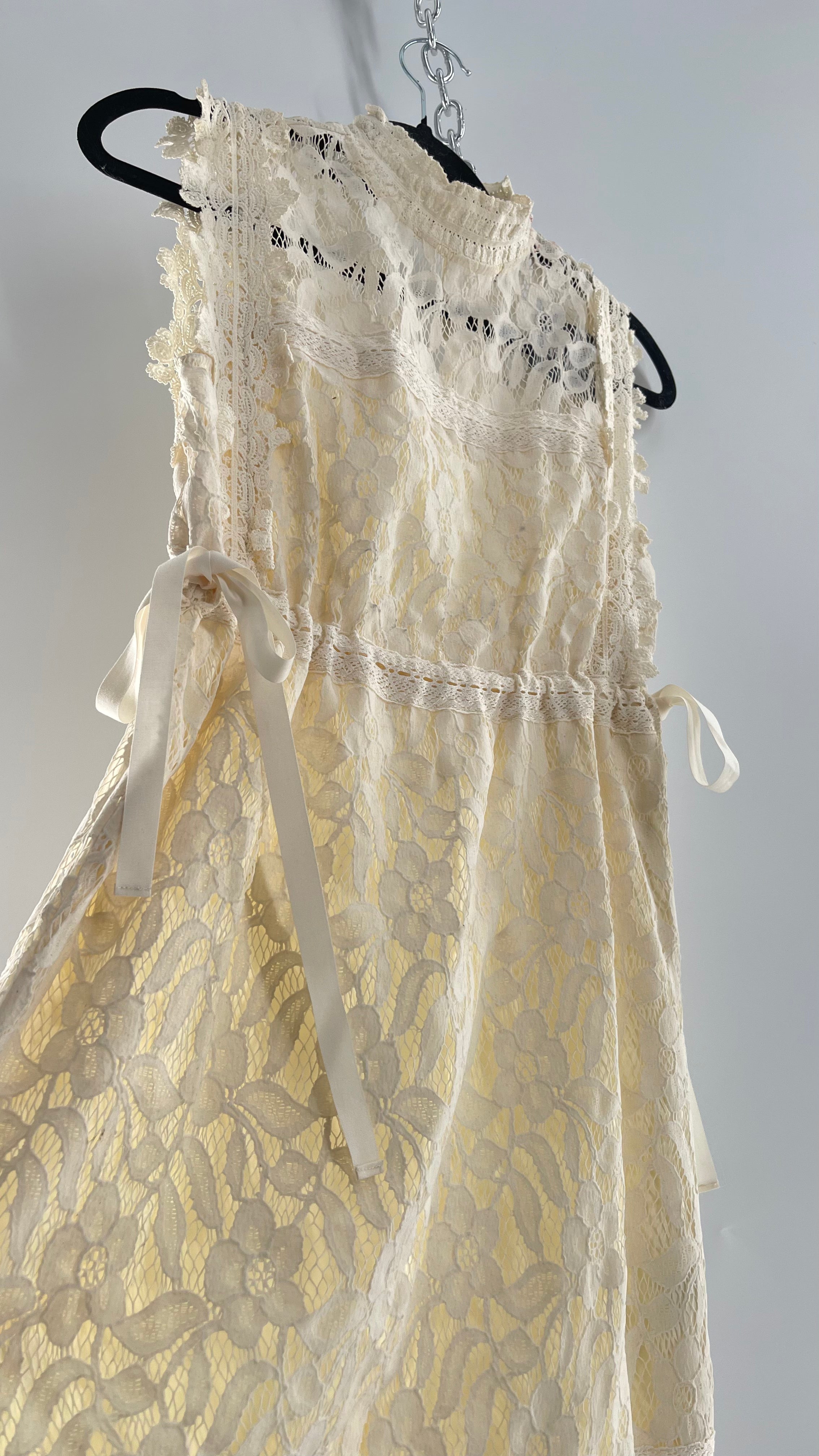 Eri + Ali Anthropologie Velvet Lace MIDI Dress with High Neckline and Side Bow Ties(XS)