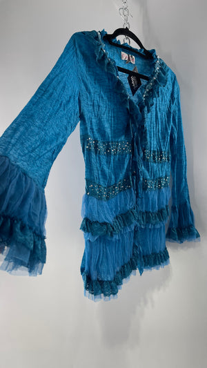 Vintage Pretty Angel Blue Long Sleeve Grommet Tie Bedazzled Blouse with Lace Ruffles and Pearlescent Beading (Large) - The Thrifty Hippy