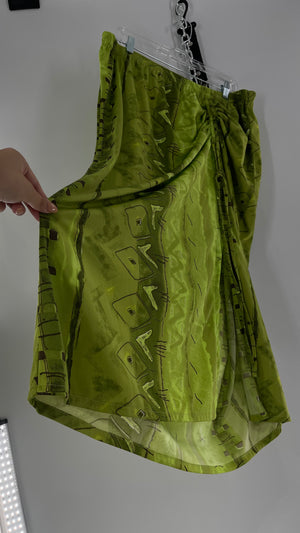 Vintage 90s Lime Green Patterned Ruche Side Slit Skirt (XXL) - The Thrifty Hippy