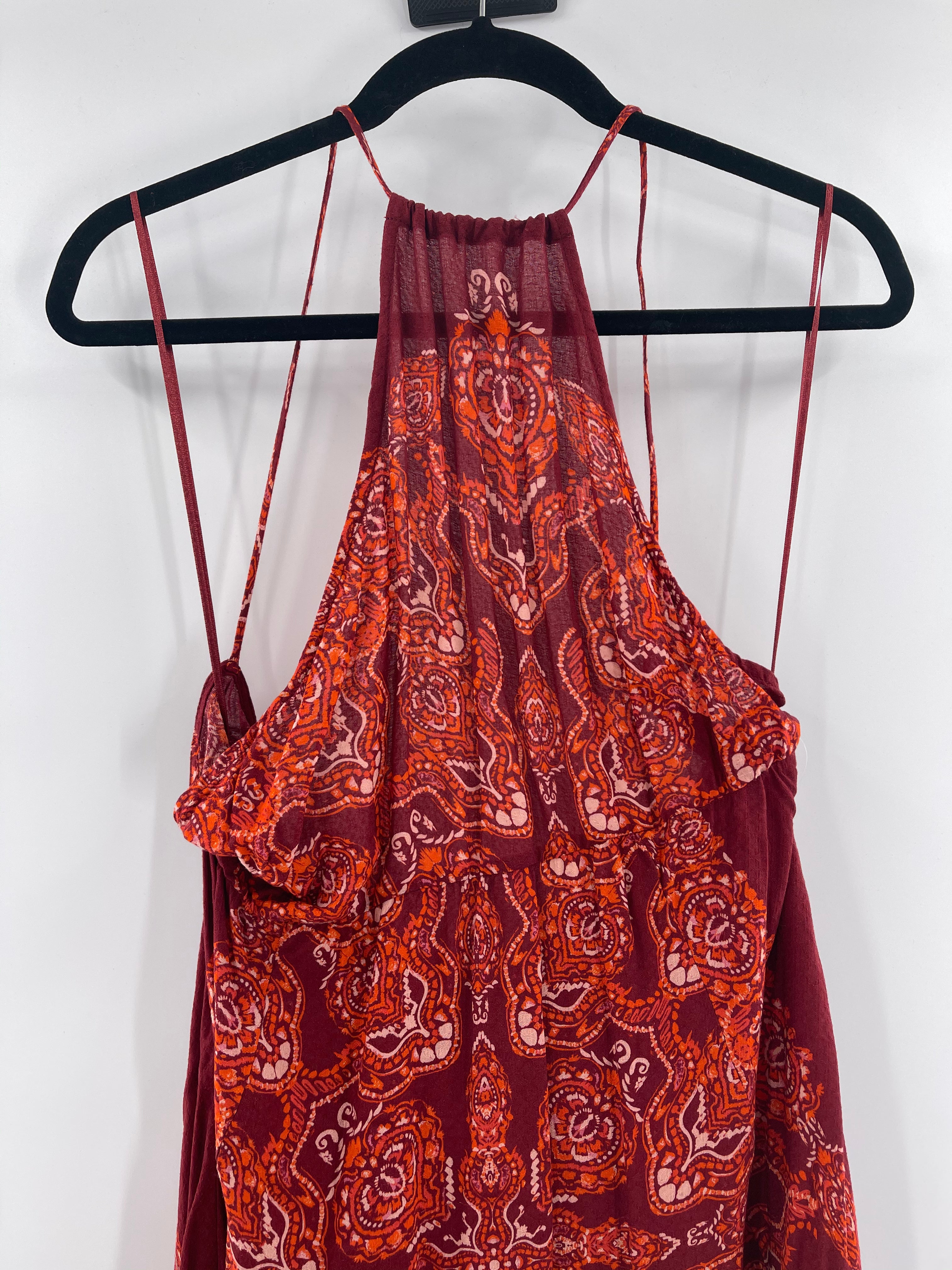 Free People Intimately Floral Red Sleeveless Spaghetti Straps Backless Mini Dress (Size L)