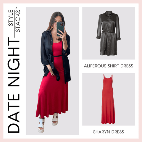 the style stacks date night by inlarkin image showing the aliferous shirt dress in black paired with the sharyn dress in red