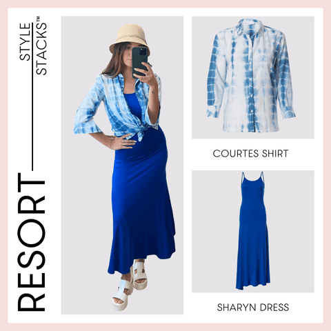 The style stacks resort by inlarkin image showing the courtes shirt paired with the sharyn dress in cobalt blue