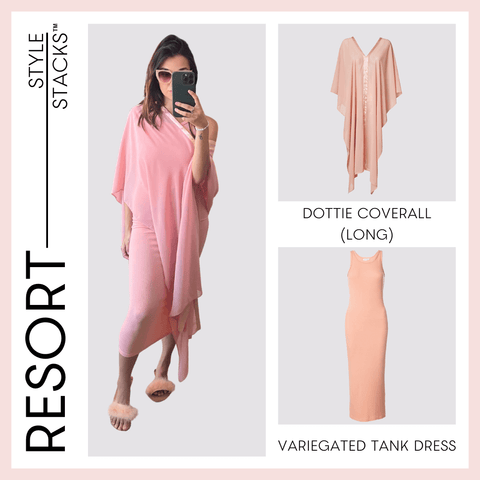 The style stacks resort by inlarkin image showing the dottie coverall long in coral paired with the variegated tank dress in coral