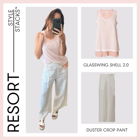 The style stacks resort by inlarkin image showing the glasswing shell 2.0 in coral paired with the duster crop pant in white