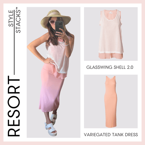 The style stacks resort by inlarkin image showing the glasswing shell 2.0 in coral paired with the variegated tank dress in coral