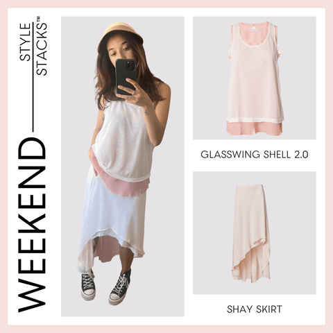 The style stacks weekend by inlarkin image showing the glasswing shell 2.0 in coral paired with the shay skirt in pink