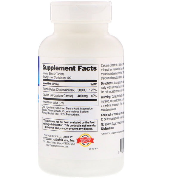 21st Century, Calcium Citrate Petites + D3, 200 Coated Tablets - The Supplement Shop