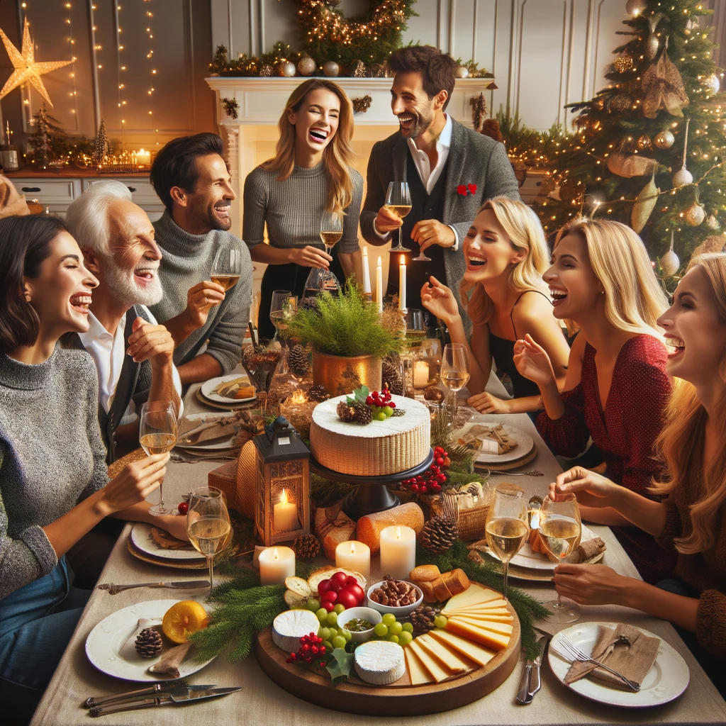 DALL·E 2023-11-26 00.23.32 - A festive gathering scene with a group of people enjoying a holiday party. They are interacting joyfully around a lavish cheese board in a beautifully.png__PID:e0141b89-5f93-47a2-92c3-4010a1c11079