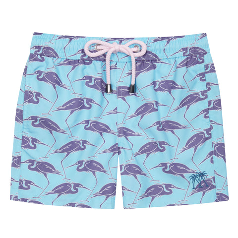 Pink House Mustique Egret print swim shorts for children in turquoise