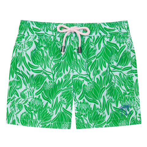 Protea print swim shorts for children in green