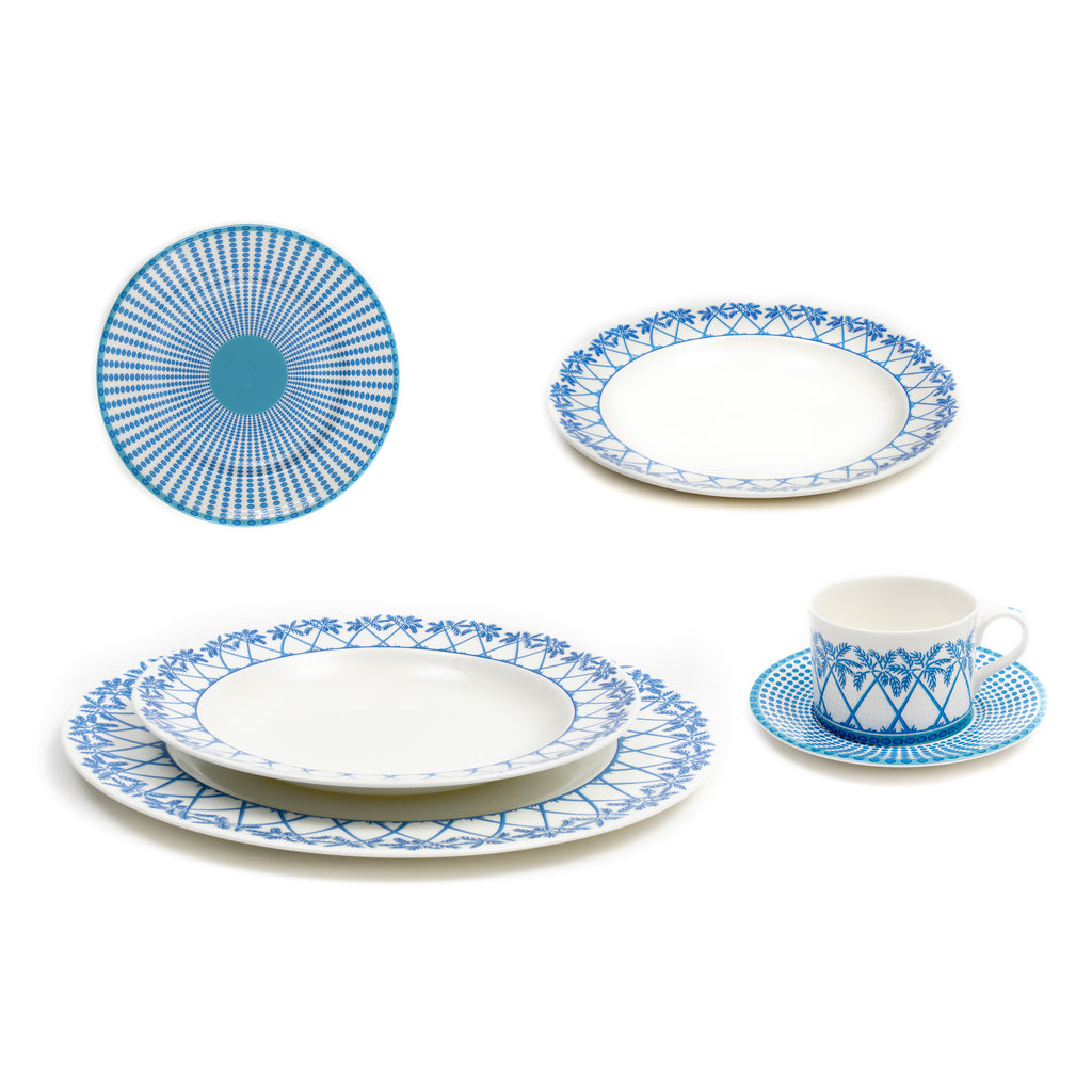 Dinner service for 6, blue Palms and Coconuts design by Lotty B