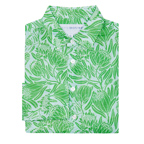 Protea print children's linen shirt in green by Pink House Mustique