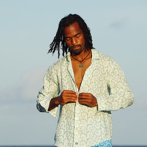 man in shirt with ferm print