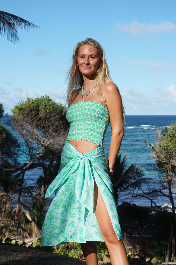 Green Lime Slice ruffle bandeau top with silk sarong