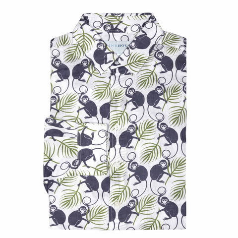 Monkey and Palms plum and green linen shirt