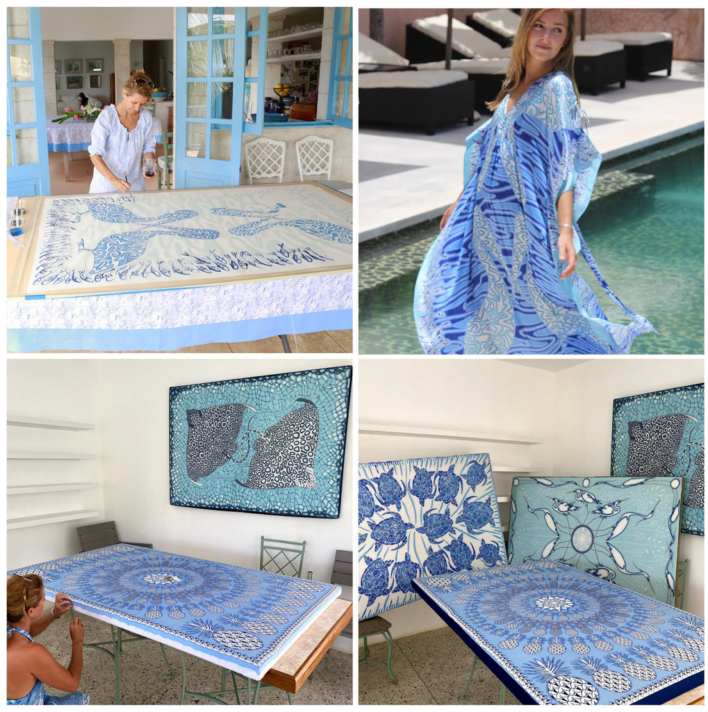 Collage of hand painted sarongs and pelican kaftan
