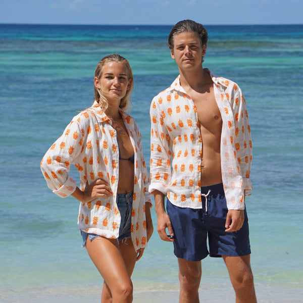 His and hers orange beetle print linen shirt
