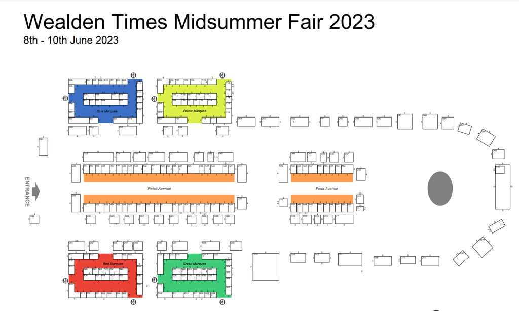 Floorplan of Midsummer Fair 8 - 10th June. Pink House Mustique - Y24 in Yellow Marquee