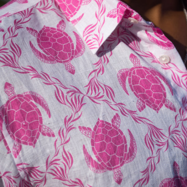 Turtle Trellis pink print on linen shirt