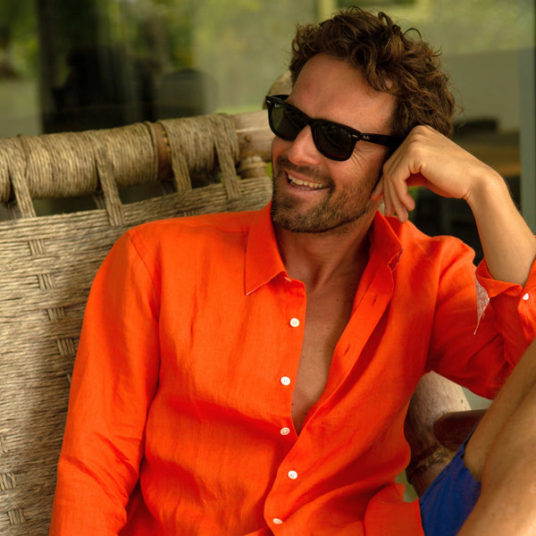 New orange mens linen shirt from pink house mustique