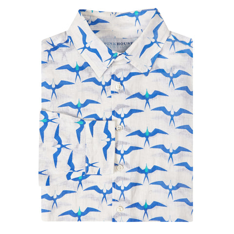 Frigate Bird print linen shirt turquoise and blue