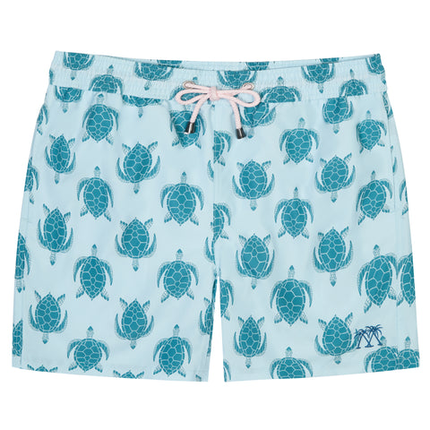 Mens recycled swim shorts in Turtle Trellis turquoise