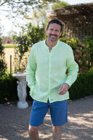 Pistachio green collarless linen shirt