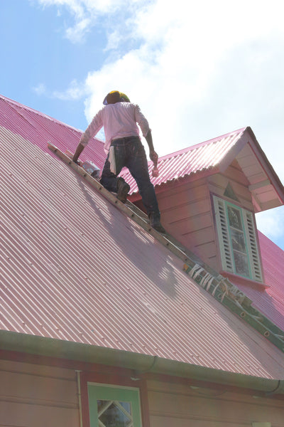 man painting a roof pink