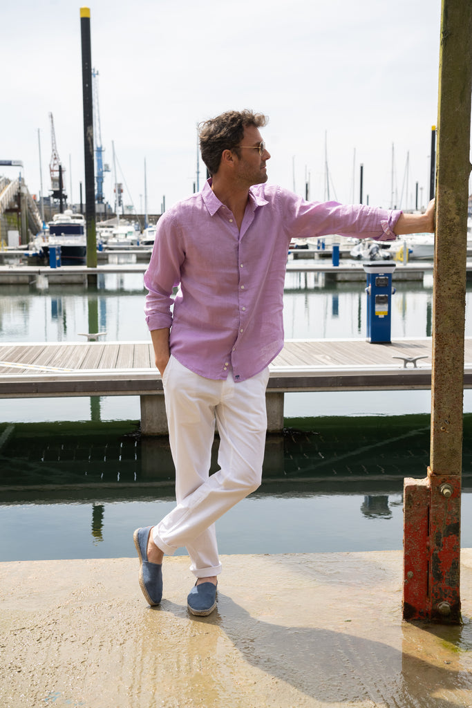Violet plain mens linen shirt with white trousers at the marina