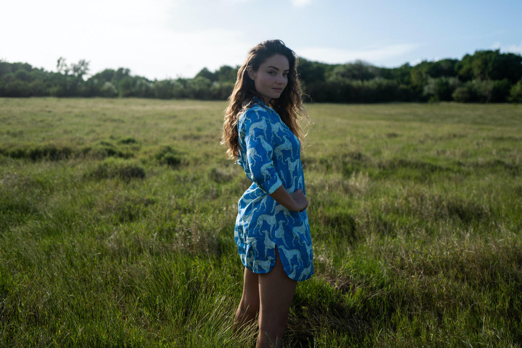 Luxurious linen dress with lurcher dog print by lotty b