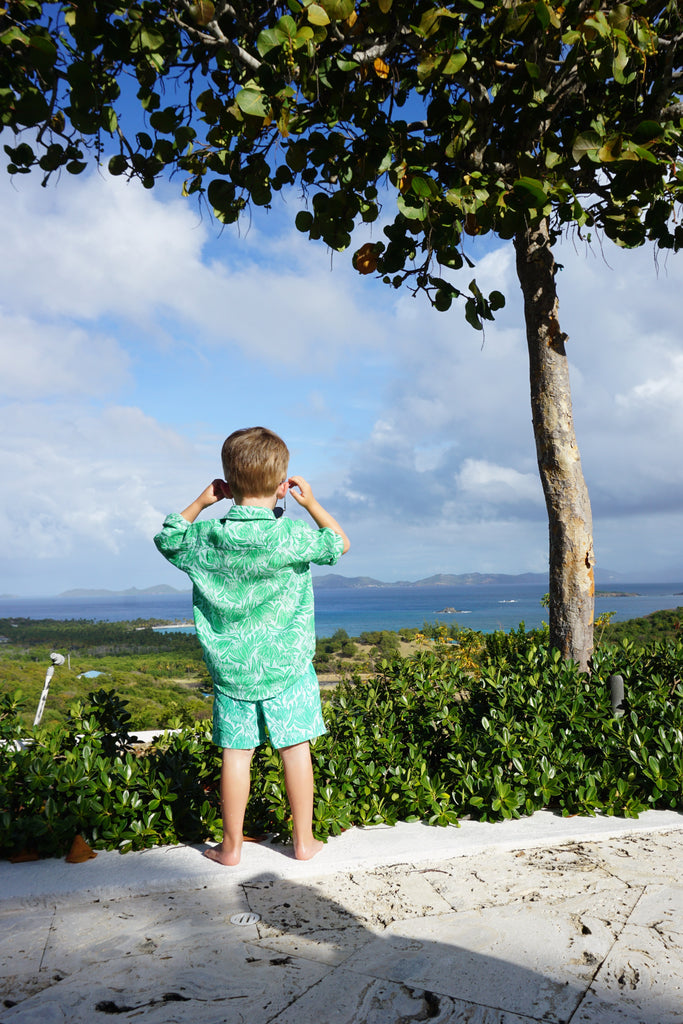 Mini me linen shirt and swim shorts in Protea green