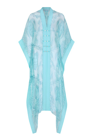 Turtle Trellis long Jade poncho in silk chiffon