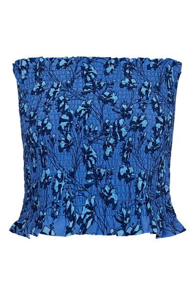 Silk ruffle bandeau top, Flamboyant Flower print in blue, by Lotty B