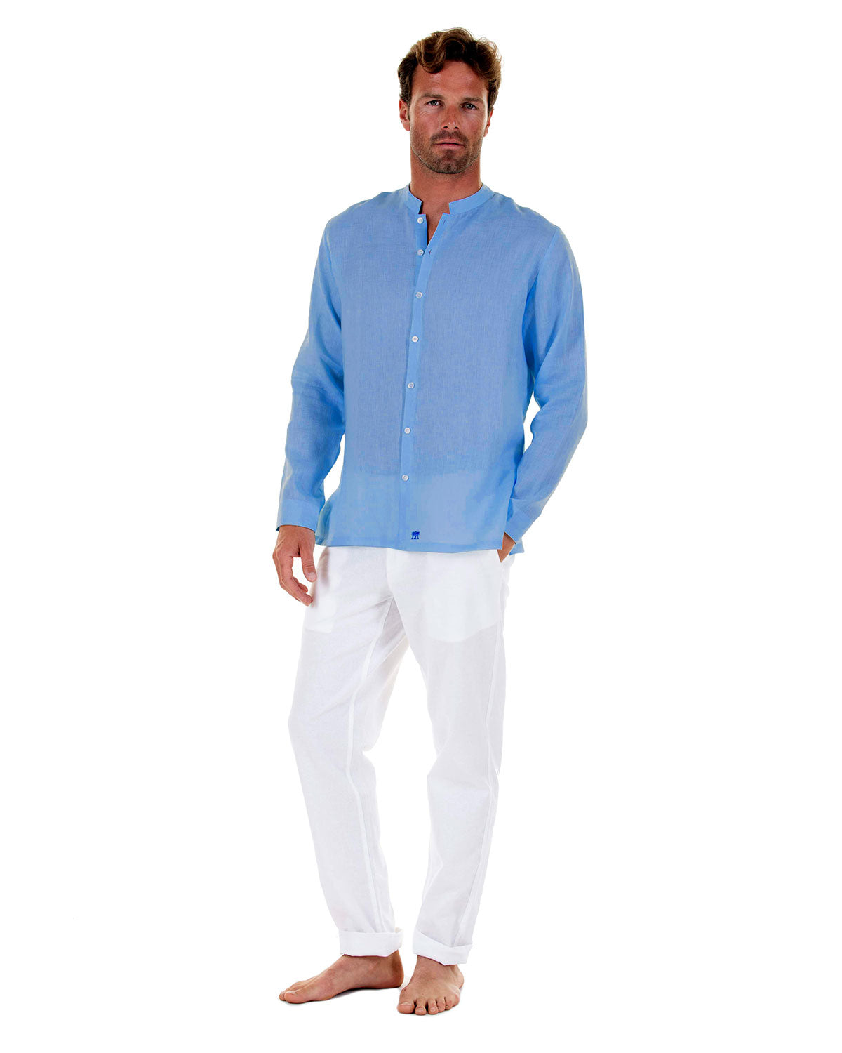 mens collarless linen shirt