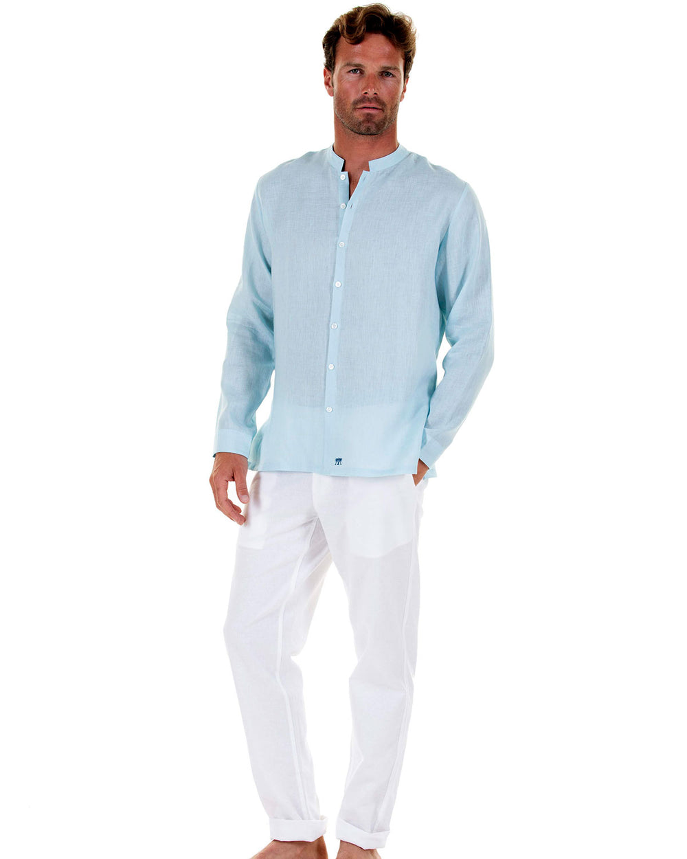 Mens Collarless Shirts - Pink House Mustique
