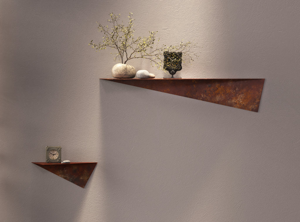 rusted wall shelves on grey wall